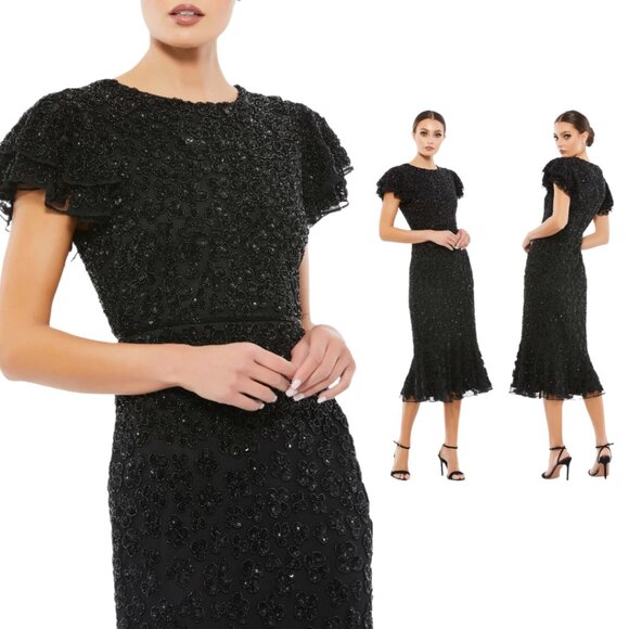 Mac Duggal 10771 Size 2 Black Floral Beaded Ruffle Trumpet Formal Evening Dress - Picture 1 of 6